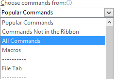 Choose commands from in Word 2016