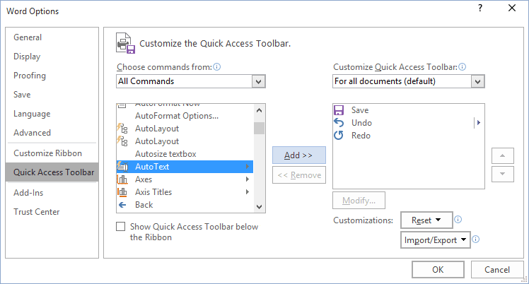 Add command to Quick Access toolbar in Word 2016