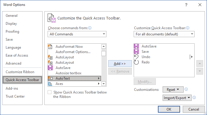 Add command to Quick Access toolbar in Word 365