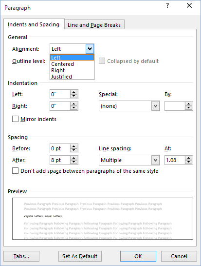Paragraph in Word 2016
