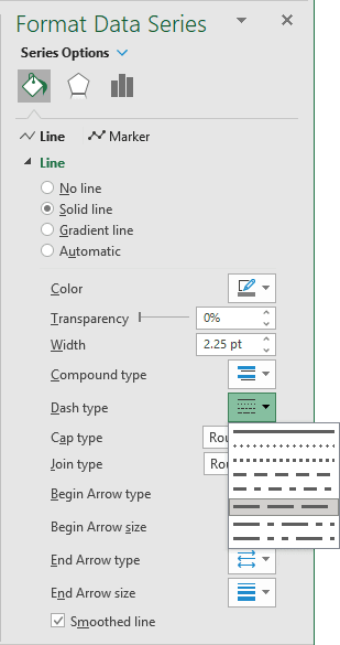 Line dash type in Format Data Series Excel 365