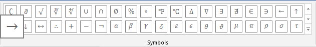 Right Arrow symbol in equations Word 2016