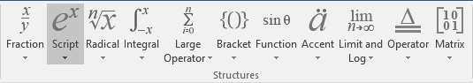 Script button in equations Word 2016