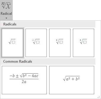 Square root in Word 2016