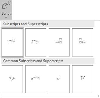 Superscript in equations Word 2016