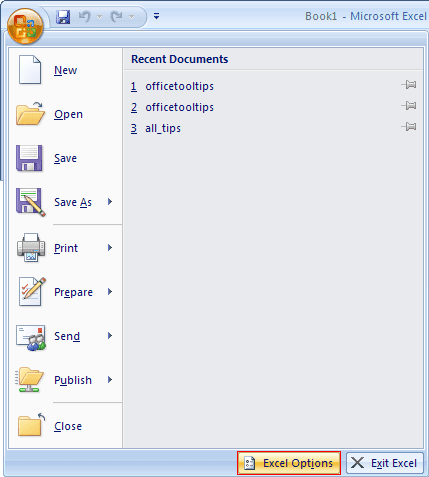 options in Excel 2007