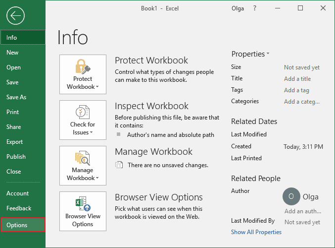 Options in Excel 2016