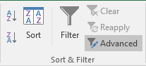 Advanced button of Sort and Filter in Excel 2016