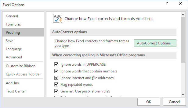 Proofing in Excel 2016