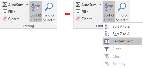 Custom Sort in Excel 2016 menu