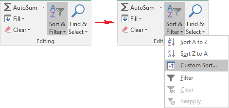 The Custom Sort button in Excel 2016 The Custom Sort button in Excel 2016