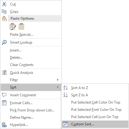 Custom Sort in Excel 2016 popup