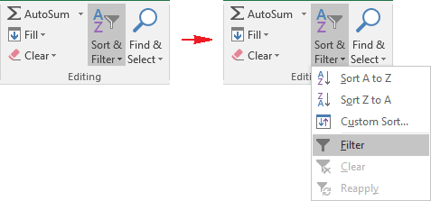 Filter in Excel 2016