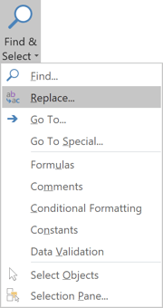 Replace command in Excel 2016
