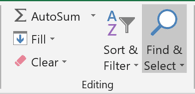 Find and Select button in Excel 2016