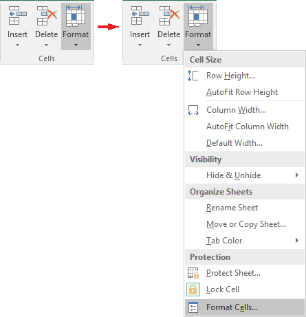 Cells group in Excel 2016