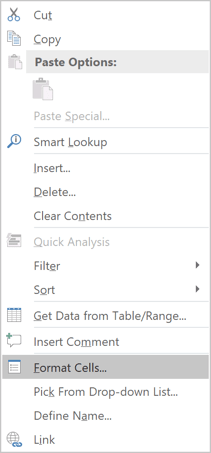 Format cells in popup menu Excel 2016