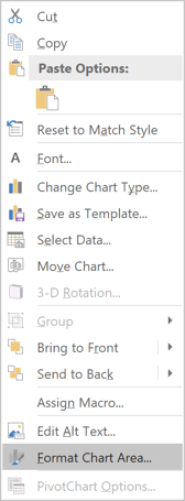 Format Chart Area in popup Excel 2016