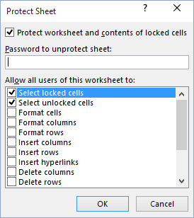 Protect Sheet in Excel 2016