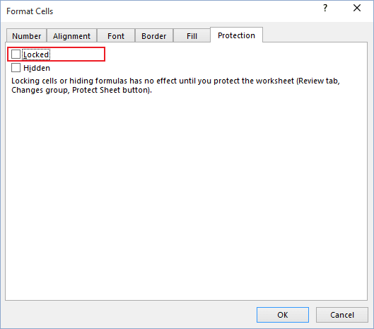 Protection, Locked cells in Excel 2016