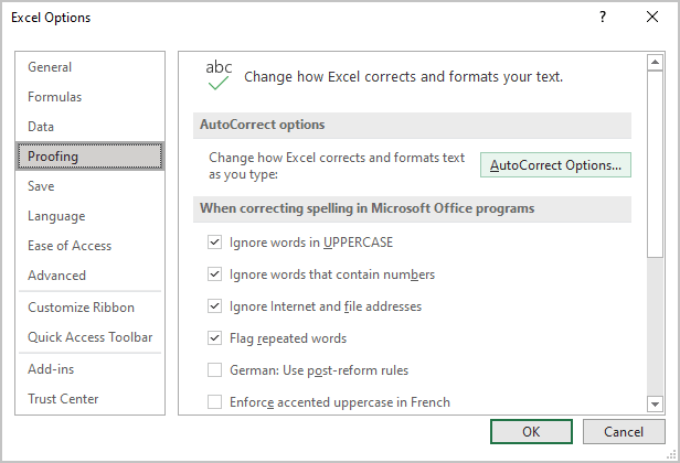AutoCorrect Options in Excel 365