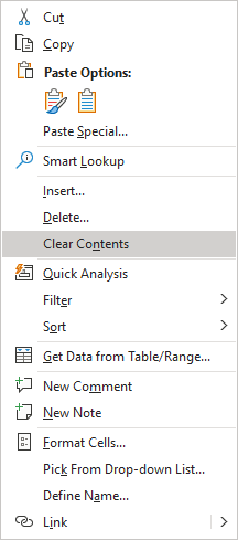 Clear Contents in the popup menu Excel 365