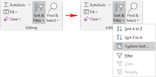 Custom Sort in Excel 365 menu