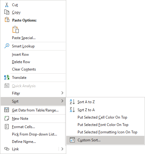 Custom Sort in Excel 365 popup