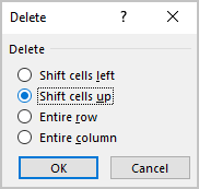Delete in the popup menu Excel for Microsoft 365 Delete with Shift cells up in Excel 365