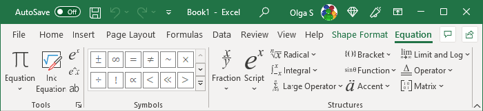 Equation tab in Excel 365