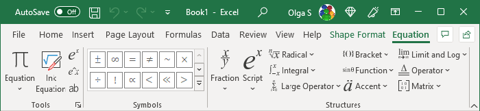 Equation tab in Excel for Microsoft 365 Equation tab in Excel 365