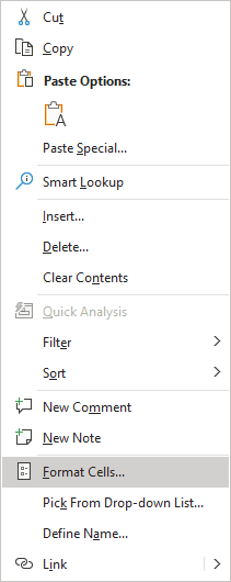 Format cells in popup menu Excel 365