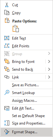 Format Shape in popup menu Excel 365