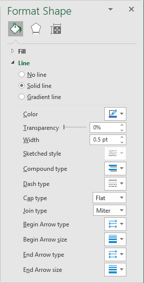 Line Format Shape pane in Excel 365