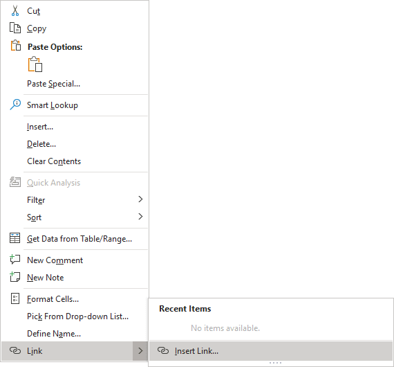 Insert link in the popup menu Excel 365