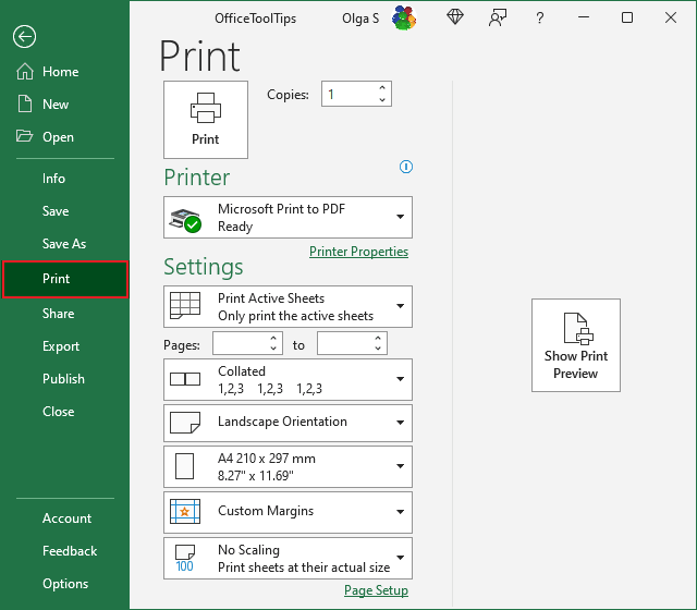 Print options in Excel 365
