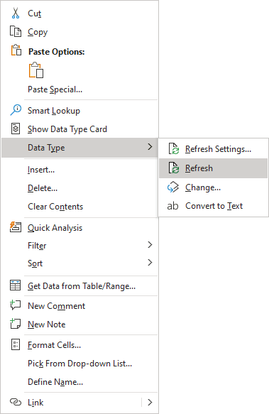 Refresh Data Type in popup menu Excel 365