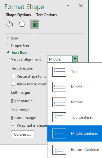 Format Shape - Middle Centered in Excel 365
