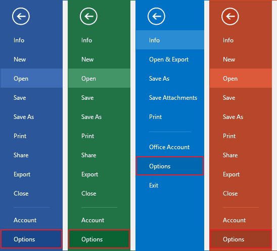 Microsoft Office application 2016 Options