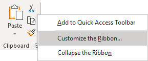 Customize the Ribbon in popup menu Microsoft Office application 365