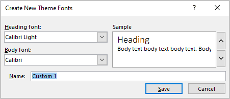Create New Theme Fonts dialog box in Excel 365