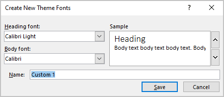 Create New Theme Fonts dialog box in Excel for Microsoft 365 Create New Theme Fonts dialog box in Excel 365