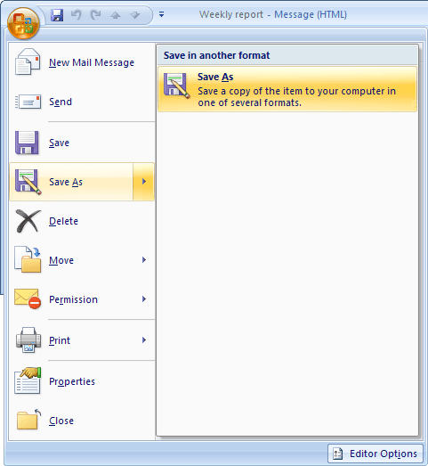 Save As in Outlook 2007