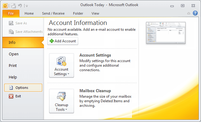 Options in Outlook 2010