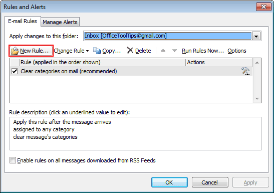 Manage Rules and Alerts button in Outlook 2010