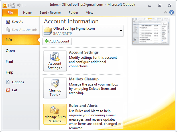 Manage Rules and Alerts button in Outlook 2010