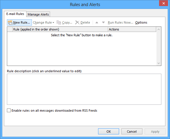 Manage Rules and Alerts button in Outlook 2013 Manage Rules and Alerts button in Outlook 2013
