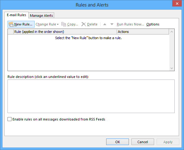 Manage Rules and Alerts button in Outlook 2013