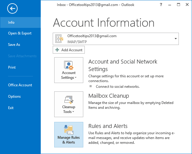 Manage Rules and Alerts button in Outlook 2013