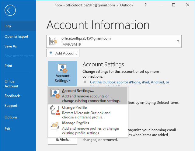 Info group in Outlook 2016